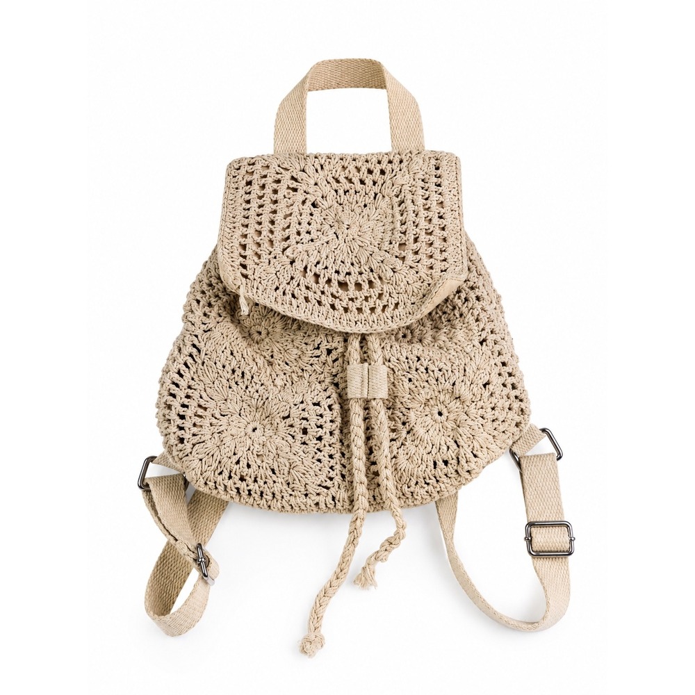 Vintage Y2K White Bohemian Woven Knit Vacation Beach Festival Crochet Backpack